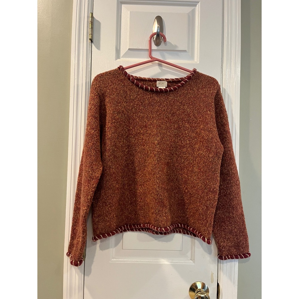 ALPS Women Marled Orange Wool Blend Blanket Stitch Knit Sweater Size Small